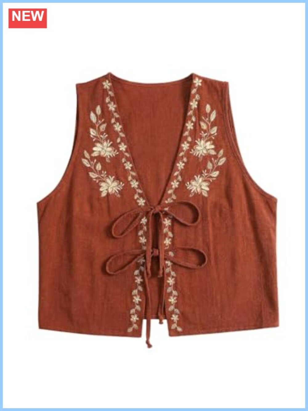 Boho Floral Embroidery Tank Top Tie Front Sleeveless V-Neck Summer Top